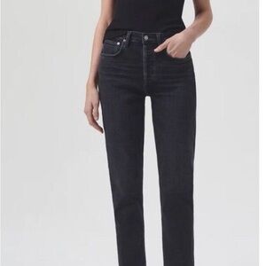 AGOLDE NWT Riley Crop Womens Blck Stretch Denim Straight High Rise Button Fly 34